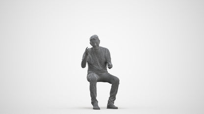 3D human model senior man casual sitting, photogrammetry scanned person for archviz, three-quarter front view render