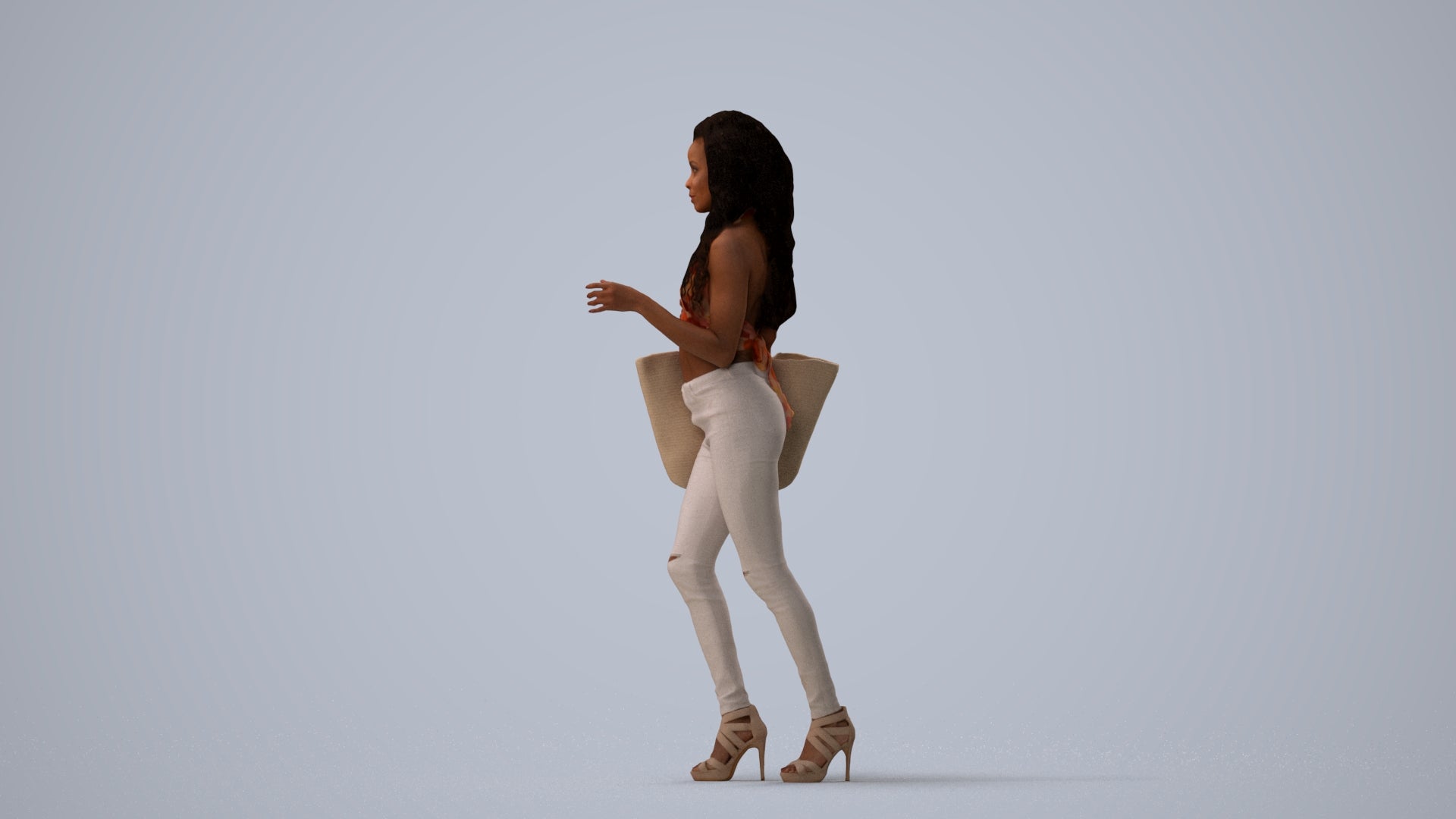 photogrammetry 3D woman casual walking, realistic human model archviz FBX, three-quarter view render