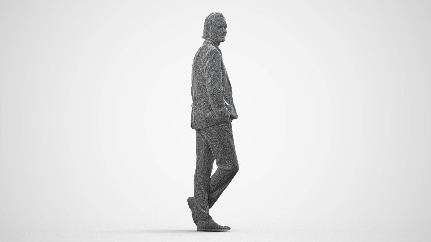 3D human model man business standing, photogrammetry scanned person for archviz, wireframe side view