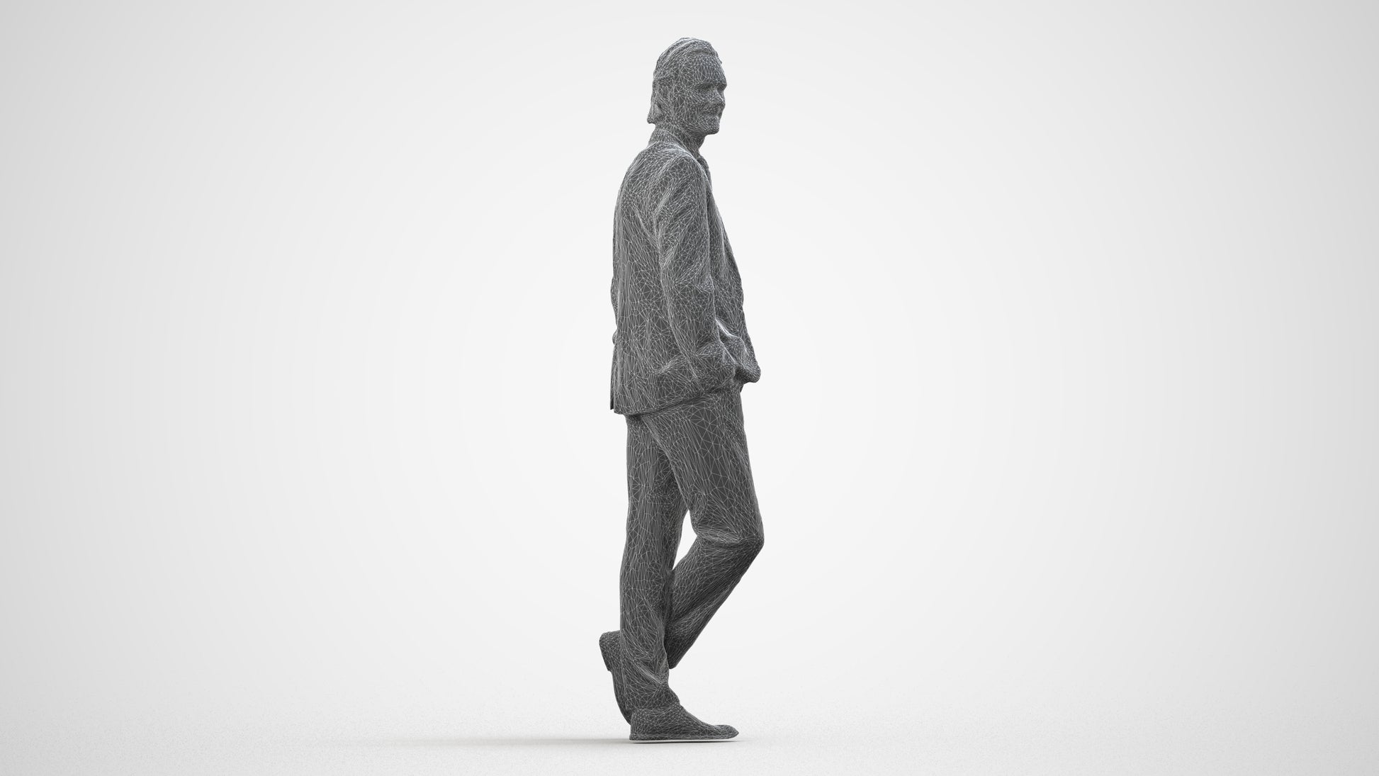 3D human model man business standing, photogrammetry scanned person for archviz, wireframe side view
