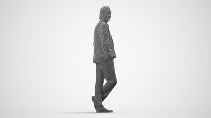 3D human model man business standing, photogrammetry scanned person for archviz, wireframe side view