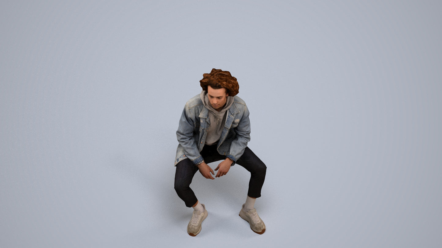 realistic 3D man casual sitting, scanned archviz people for Blender and 3ds Max, back view render