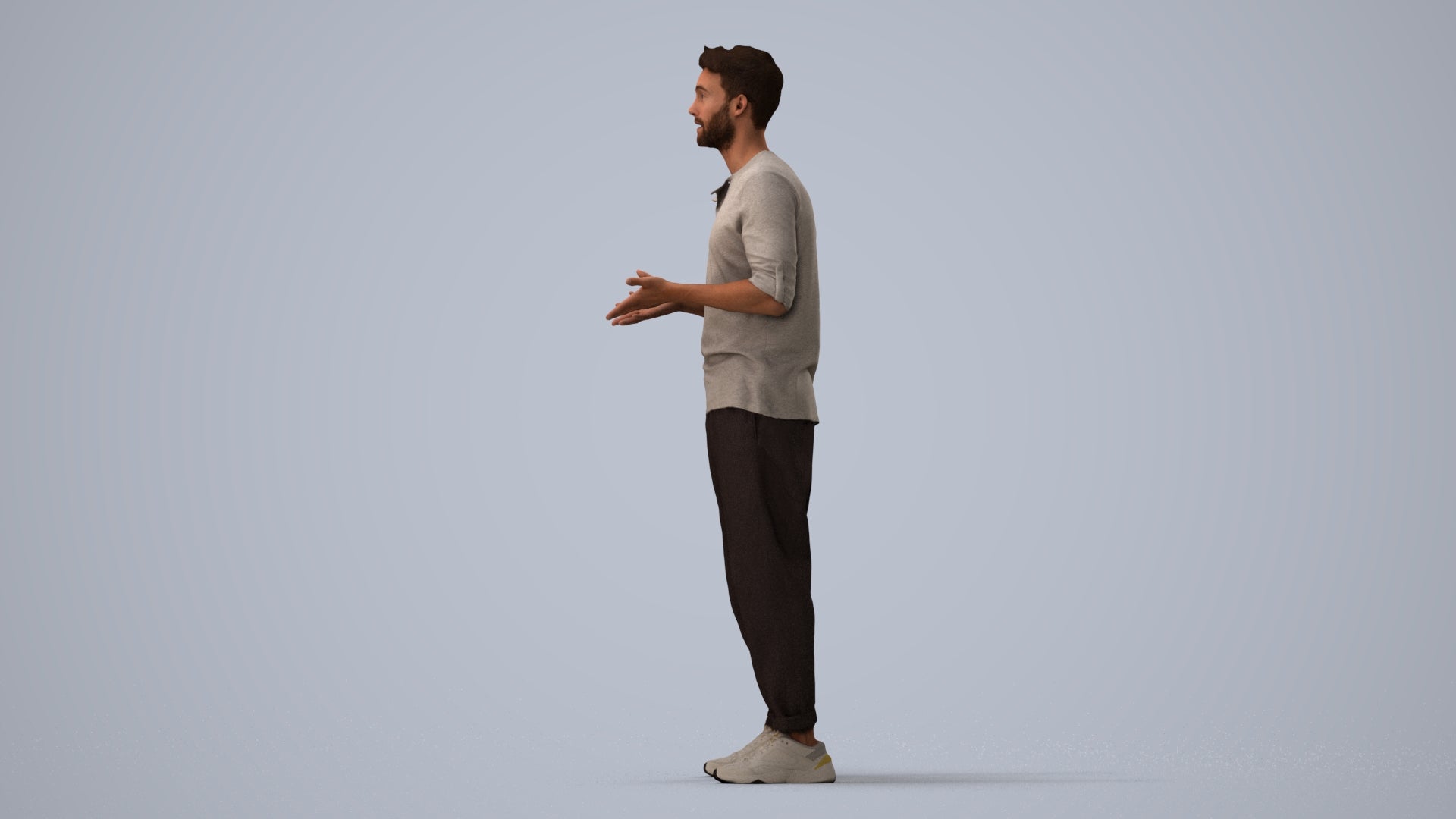 3D human model man casual standing, photogrammetry scanned person for archviz, three-quarter view render