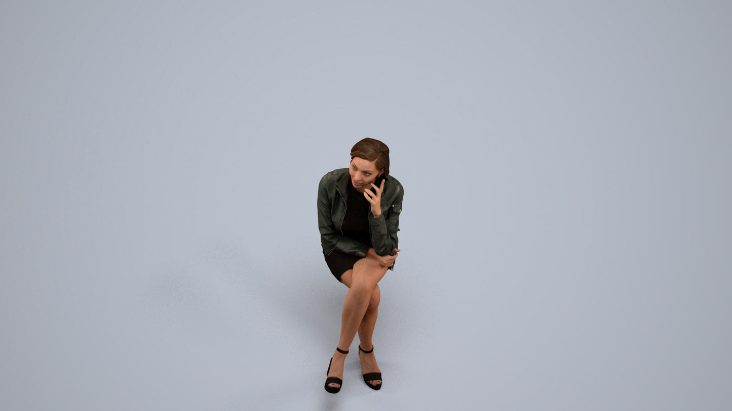 3D human model woman casual sitting, photogrammetry scanned person for archviz, back view render