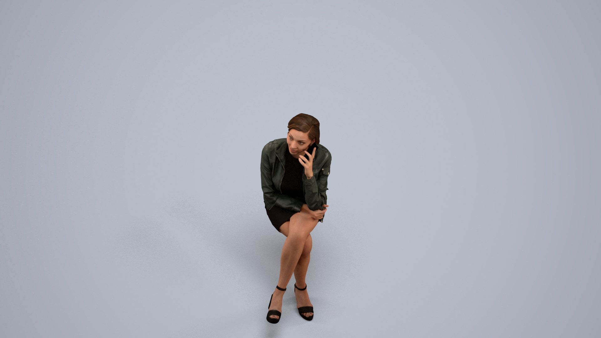 3D human model woman casual sitting, photogrammetry scanned person for archviz, back view render