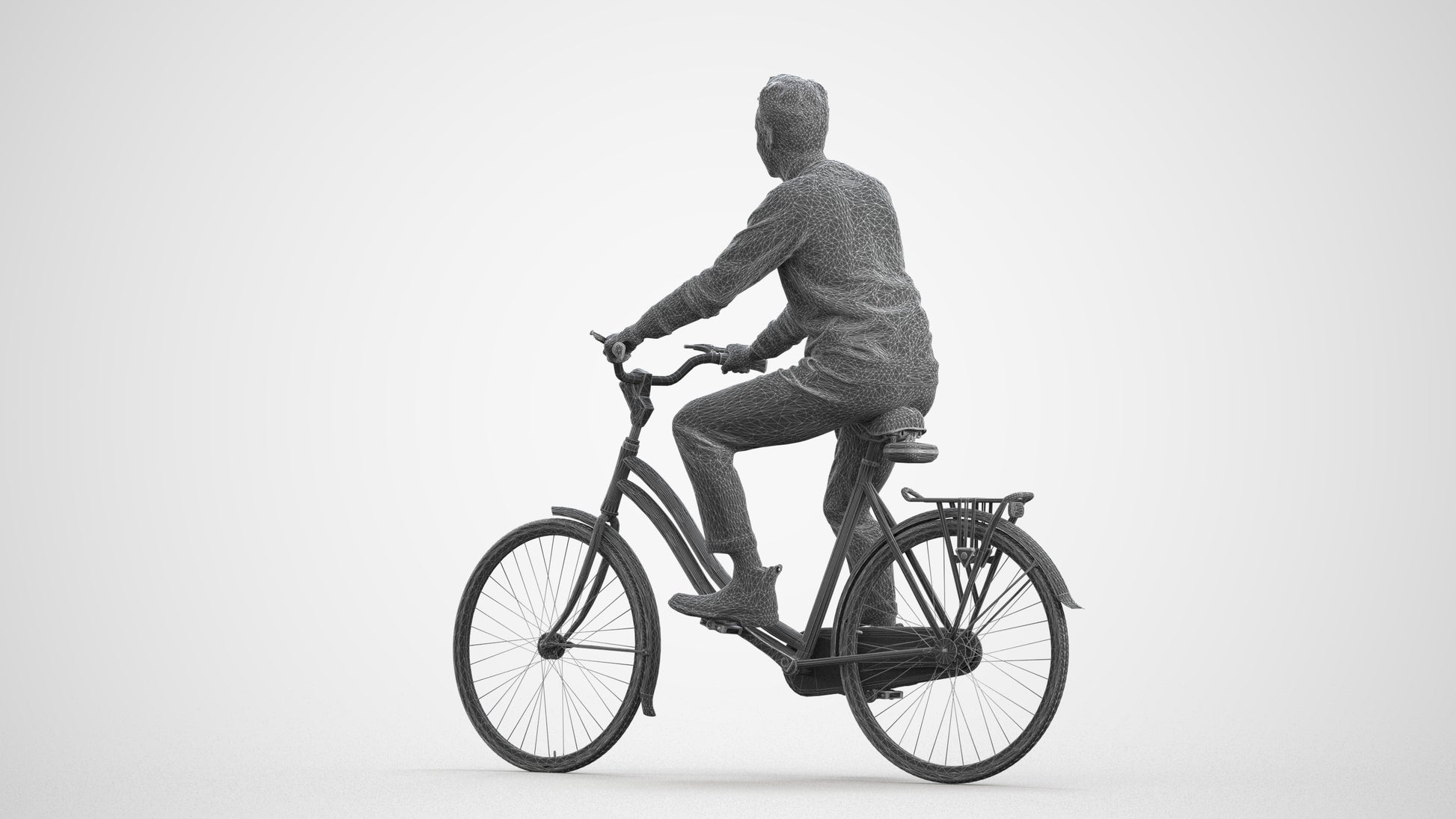 3D human model man casual cycling, photogrammetry scanned person for archviz, wireframe front view