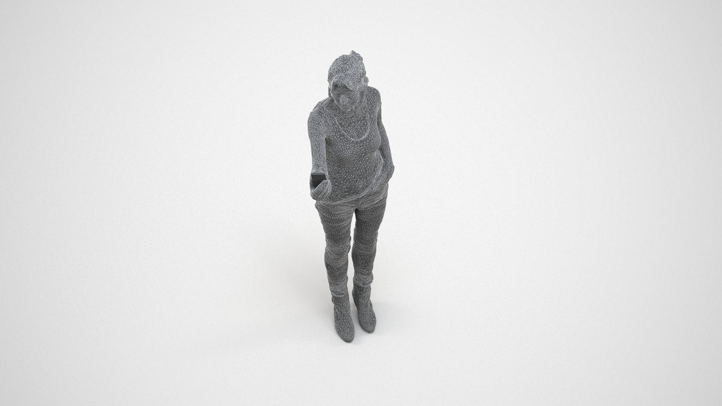 photogrammetry 3D senior woman casual standing, realistic human model archviz FBX, wireframe three-quarter view