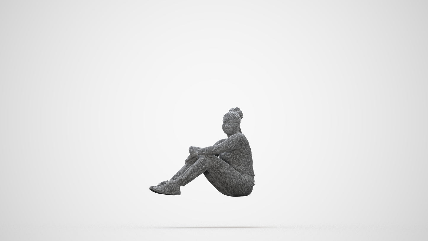 photogrammetry 3D woman casual sitting, realistic human model archviz FBX, wireframe back view