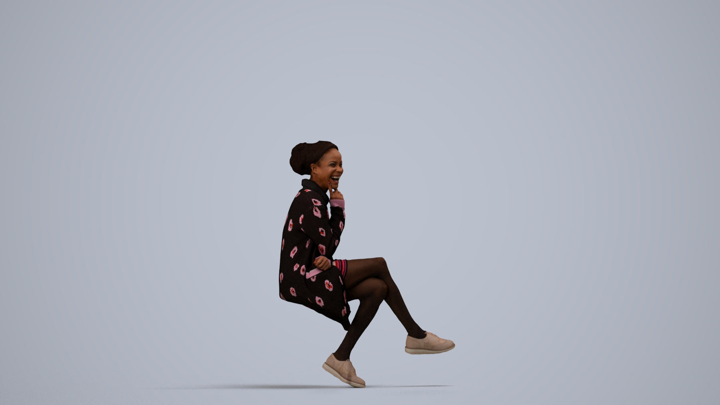3D human model woman casual sitting, photogrammetry scanned person for archviz, side view render