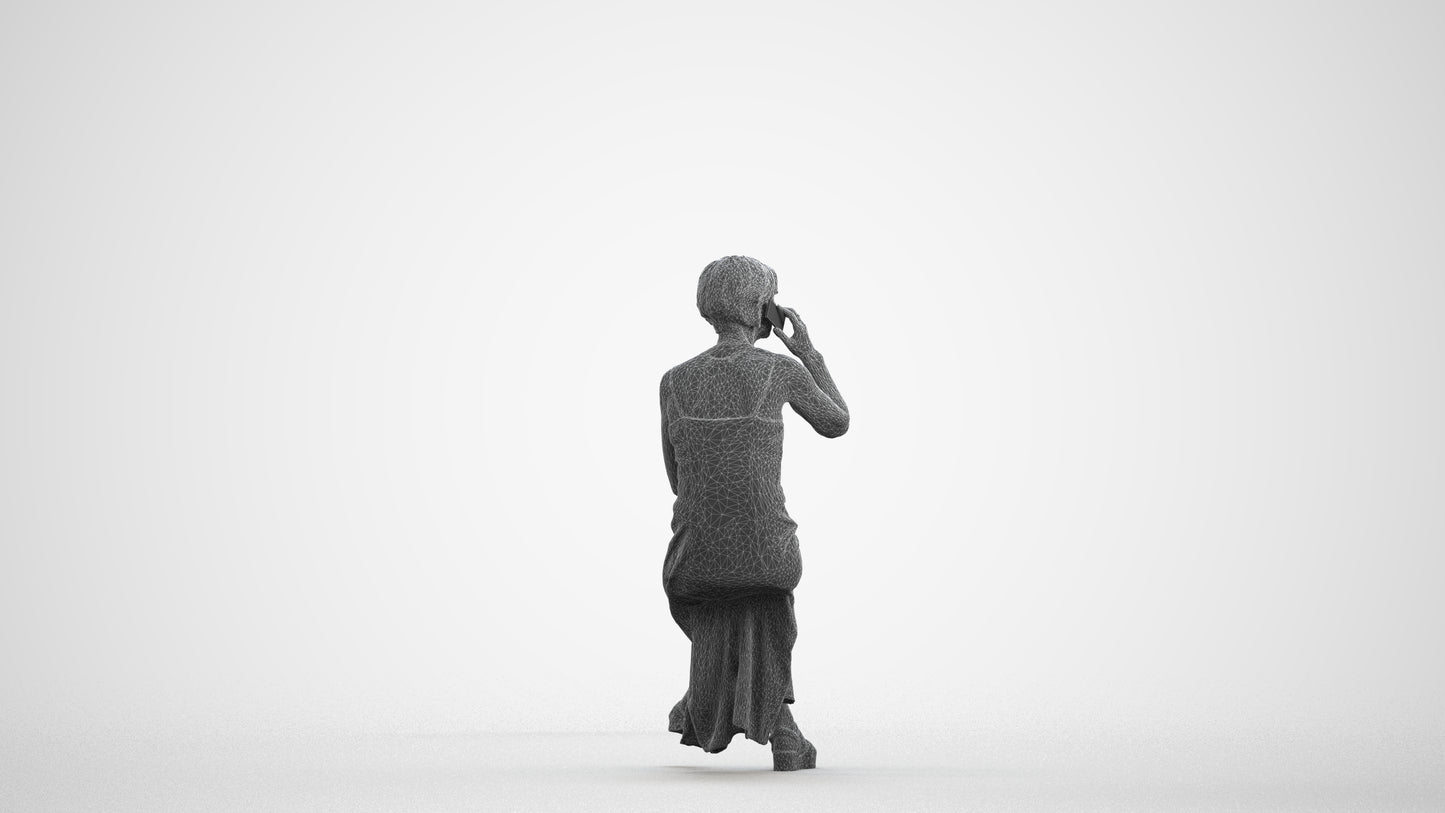 3D scanned senior woman sitting, photorealistic archviz people for Enscape and SketchUp, wireframe front view