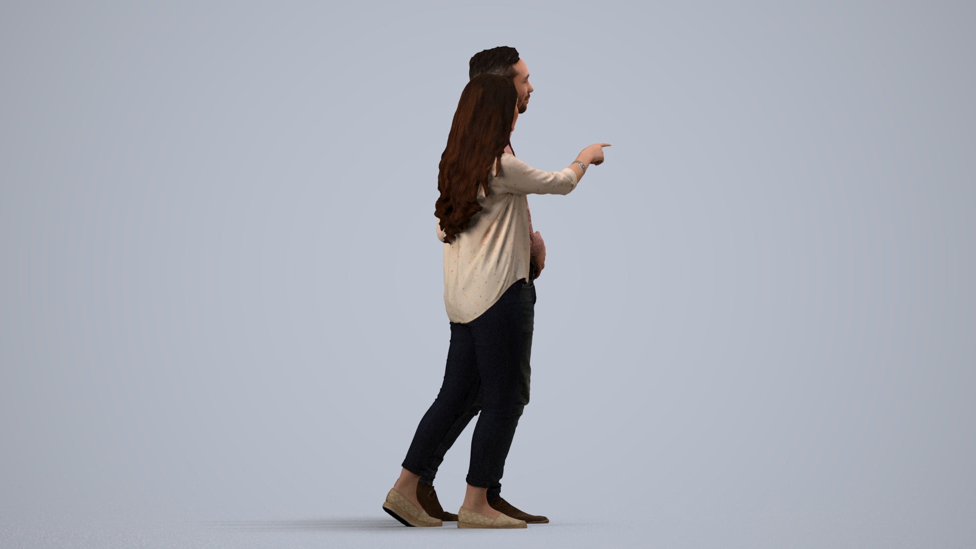 realistic 3D woman casual couple, scanned archviz people for Blender and 3ds Max, side view render