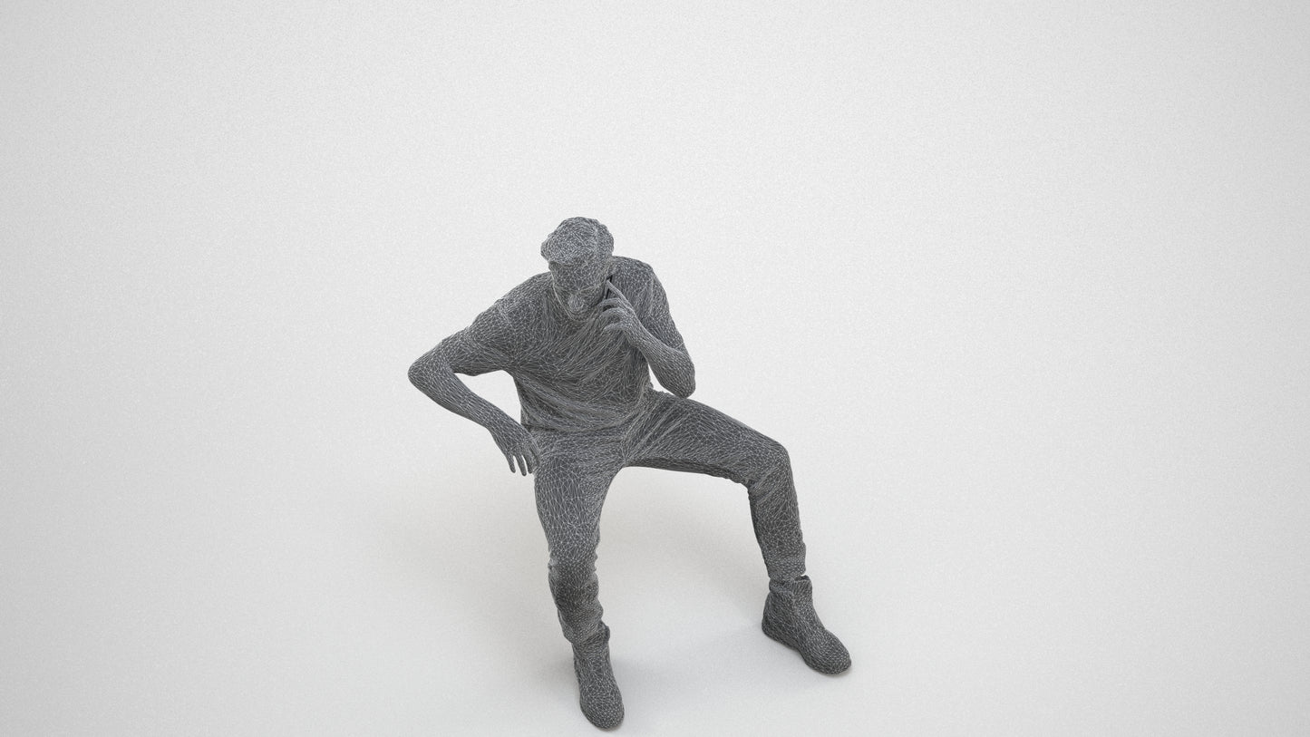 3D people model man casual sitting, scanned human for 3ds Max rendering, wireframe three-quarter view