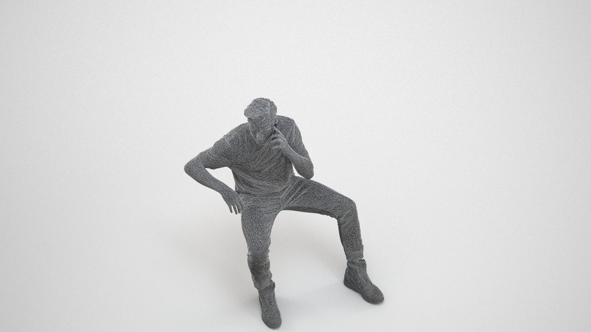 3D people model man casual sitting, scanned human for 3ds Max rendering, wireframe three-quarter view