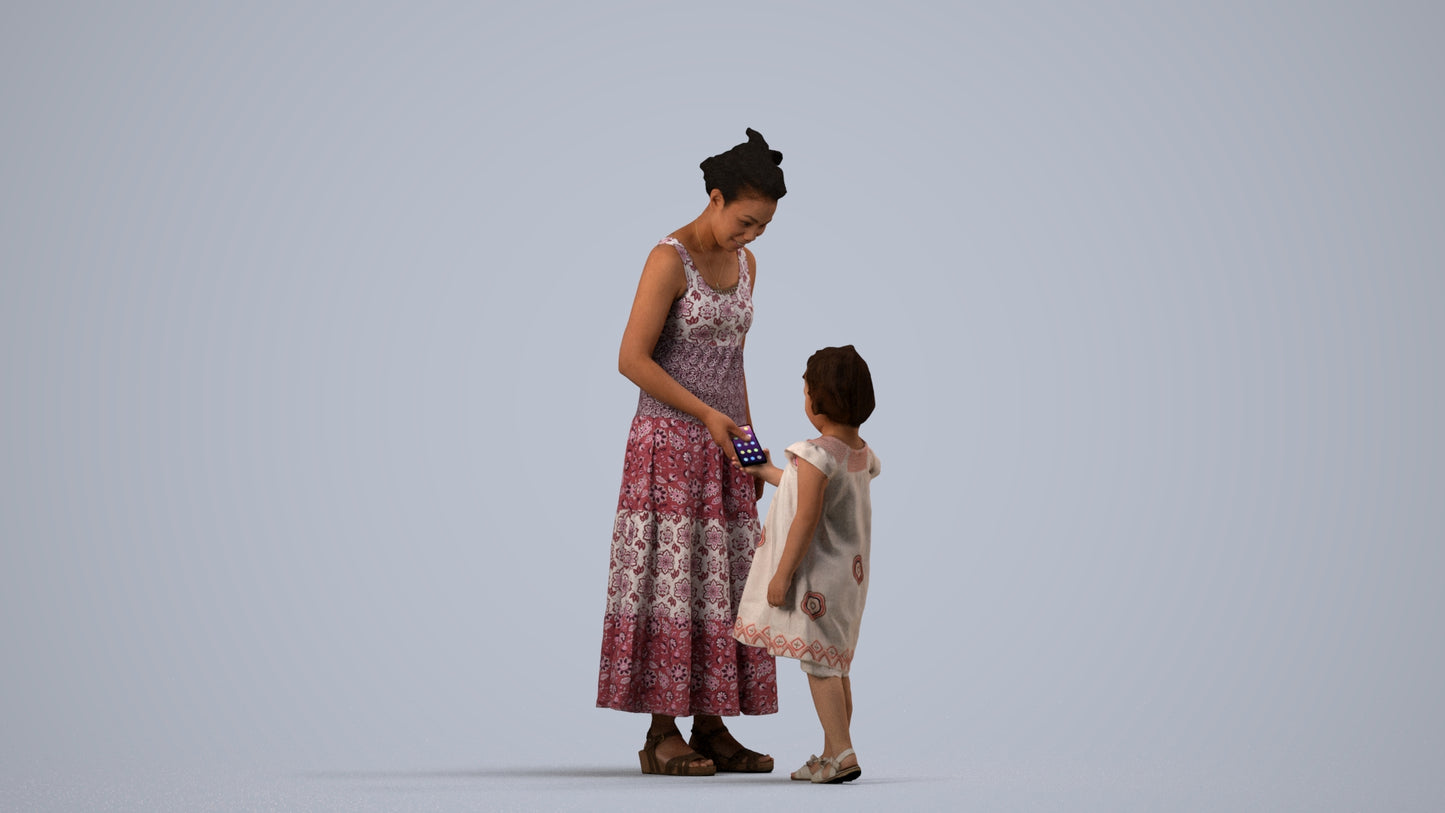 realistic 3D girl casual kids, scanned archviz people for Blender and 3ds Max, side view render