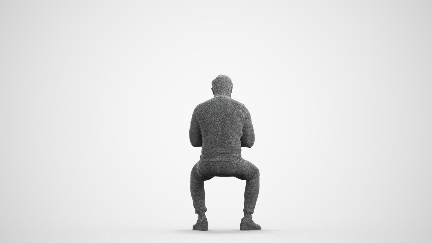 3D scanned man sitting casual, photorealistic archviz people for Enscape and SketchUp, wireframe front view