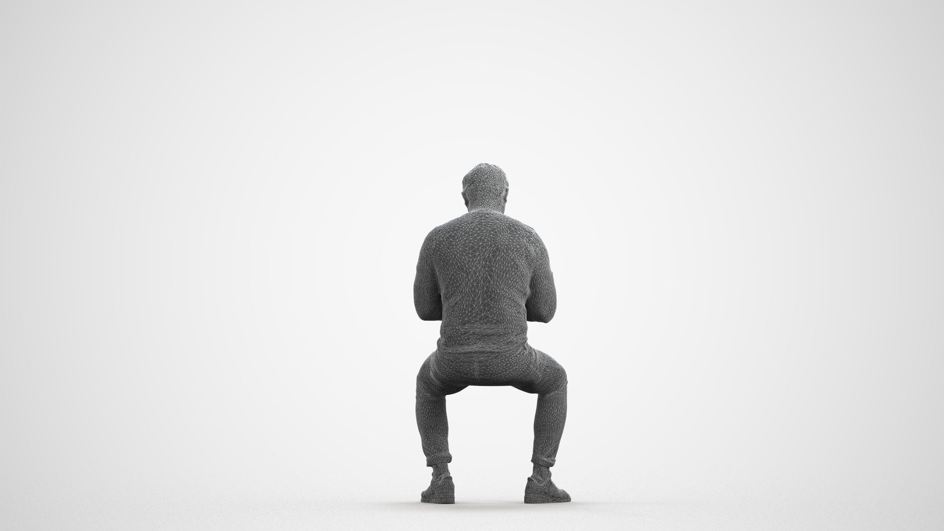 3D scanned man sitting casual, photorealistic archviz people for Enscape and SketchUp, wireframe front view