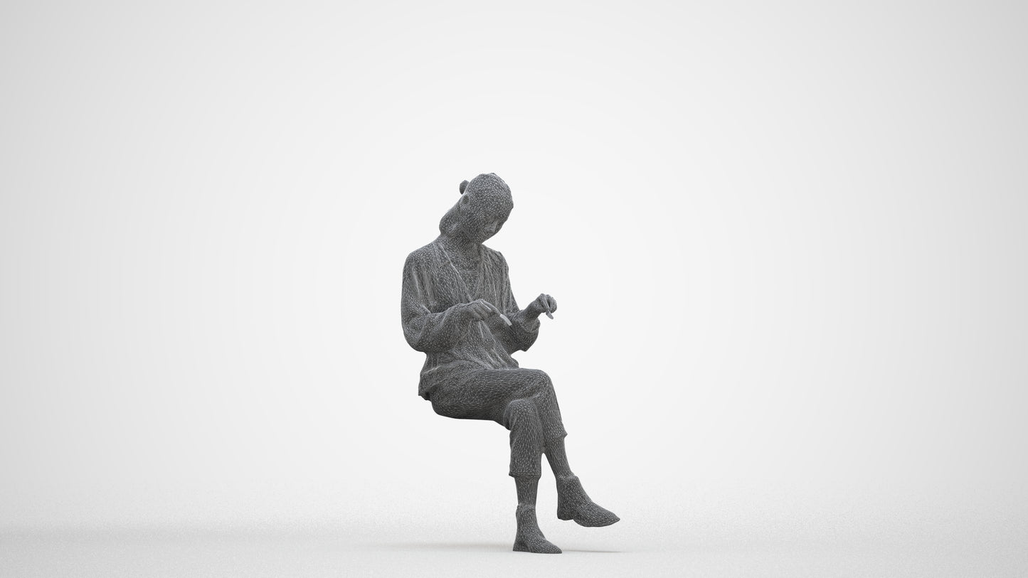 realistic 3D woman casual sitting, scanned archviz people for Blender and 3ds Max, three-quarter front view render