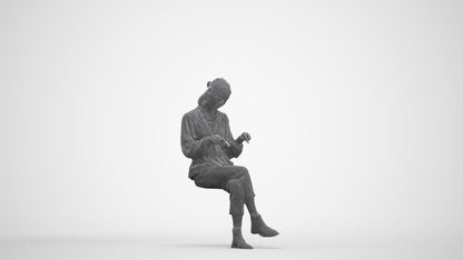 realistic 3D woman casual sitting, scanned archviz people for Blender and 3ds Max, three-quarter front view render
