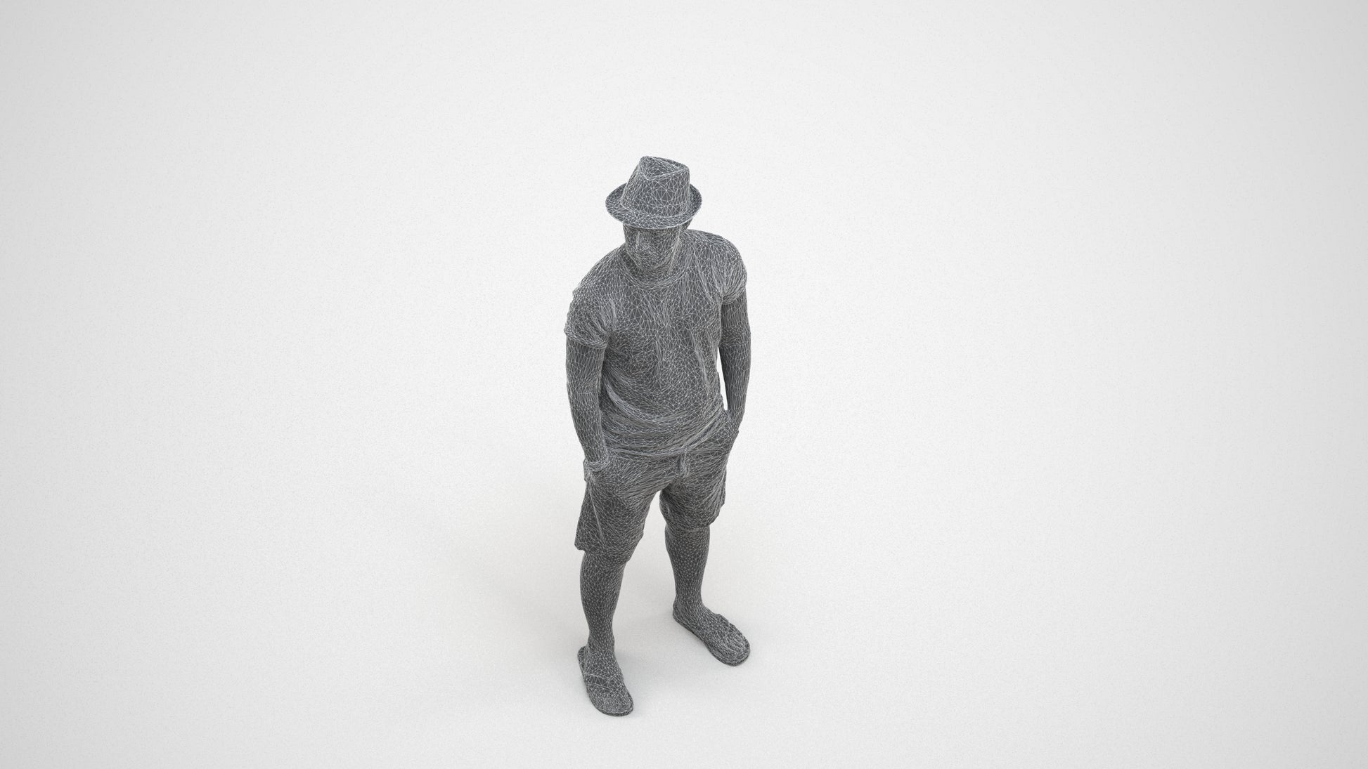 3D scanned man standing casual, photorealistic archviz people for Enscape and SketchUp, wireframe three-quarter view