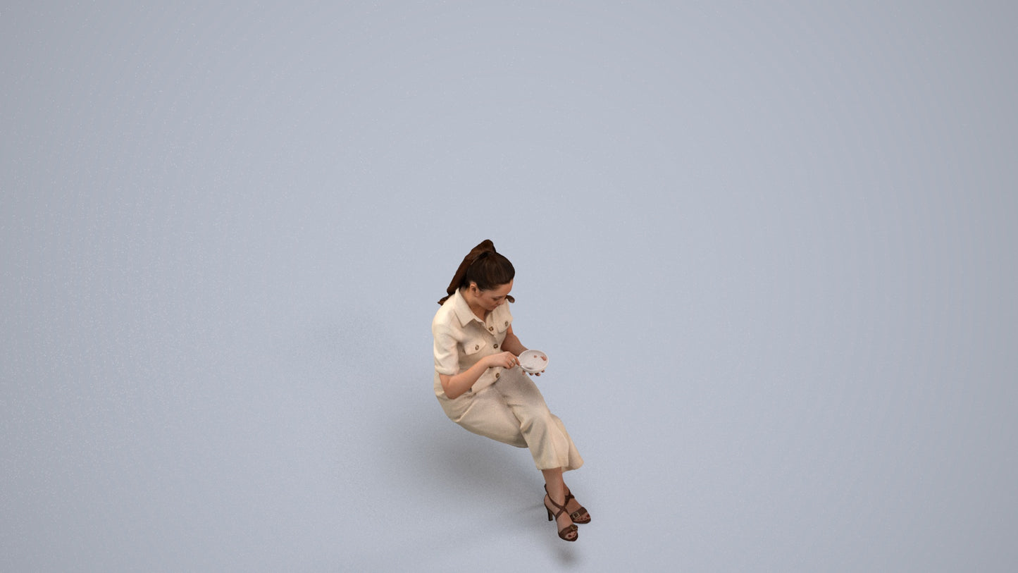 3D scanned woman sitting casual, photorealistic archviz people for Enscape and SketchUp, back view render