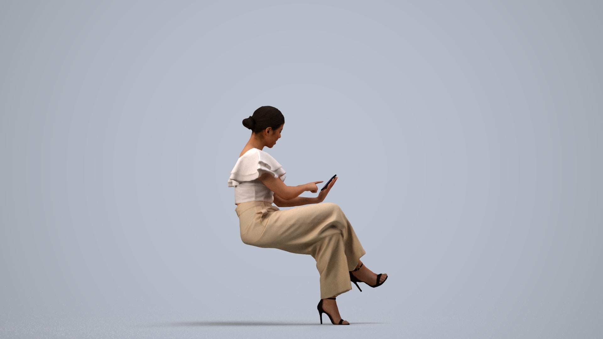 3D scanned woman sitting business, photorealistic archviz people for Enscape and SketchUp, side view render