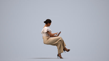 3D scanned woman sitting business, photorealistic archviz people for Enscape and SketchUp, side view render