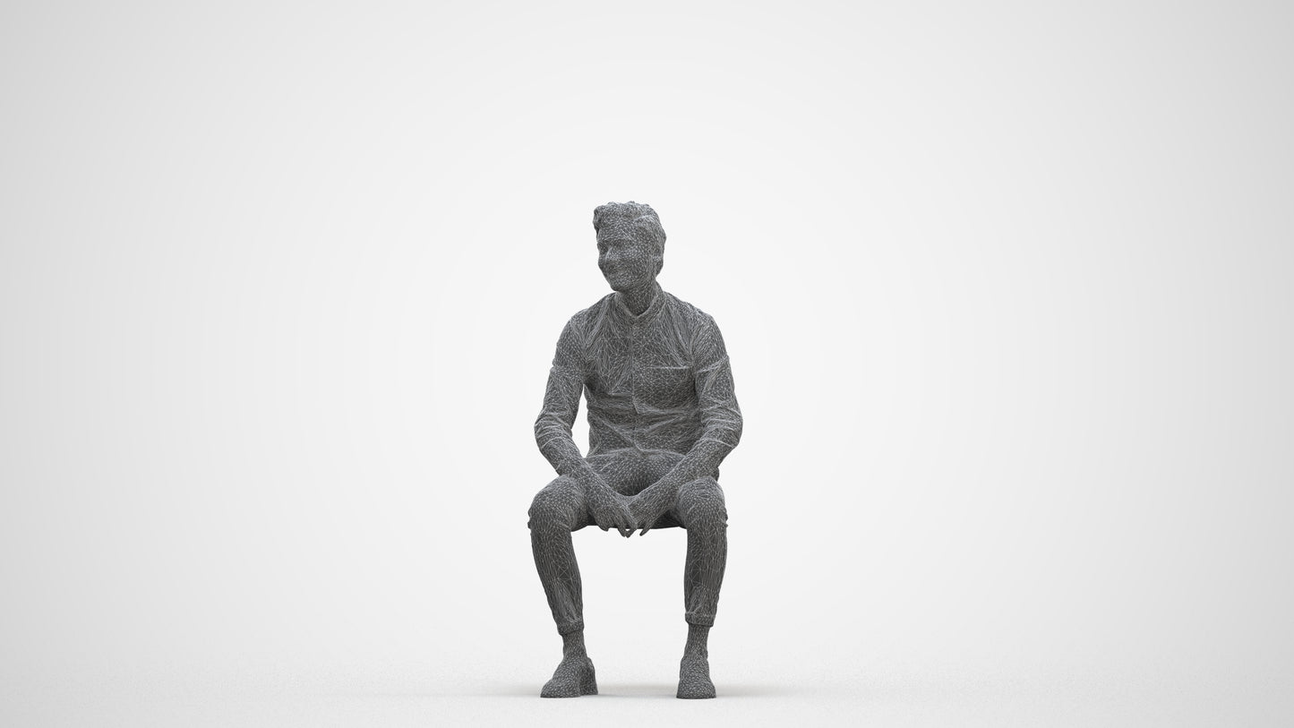 realistic 3D man casual sitting, scanned archviz people for Blender and 3ds Max, three-quarter front view render
