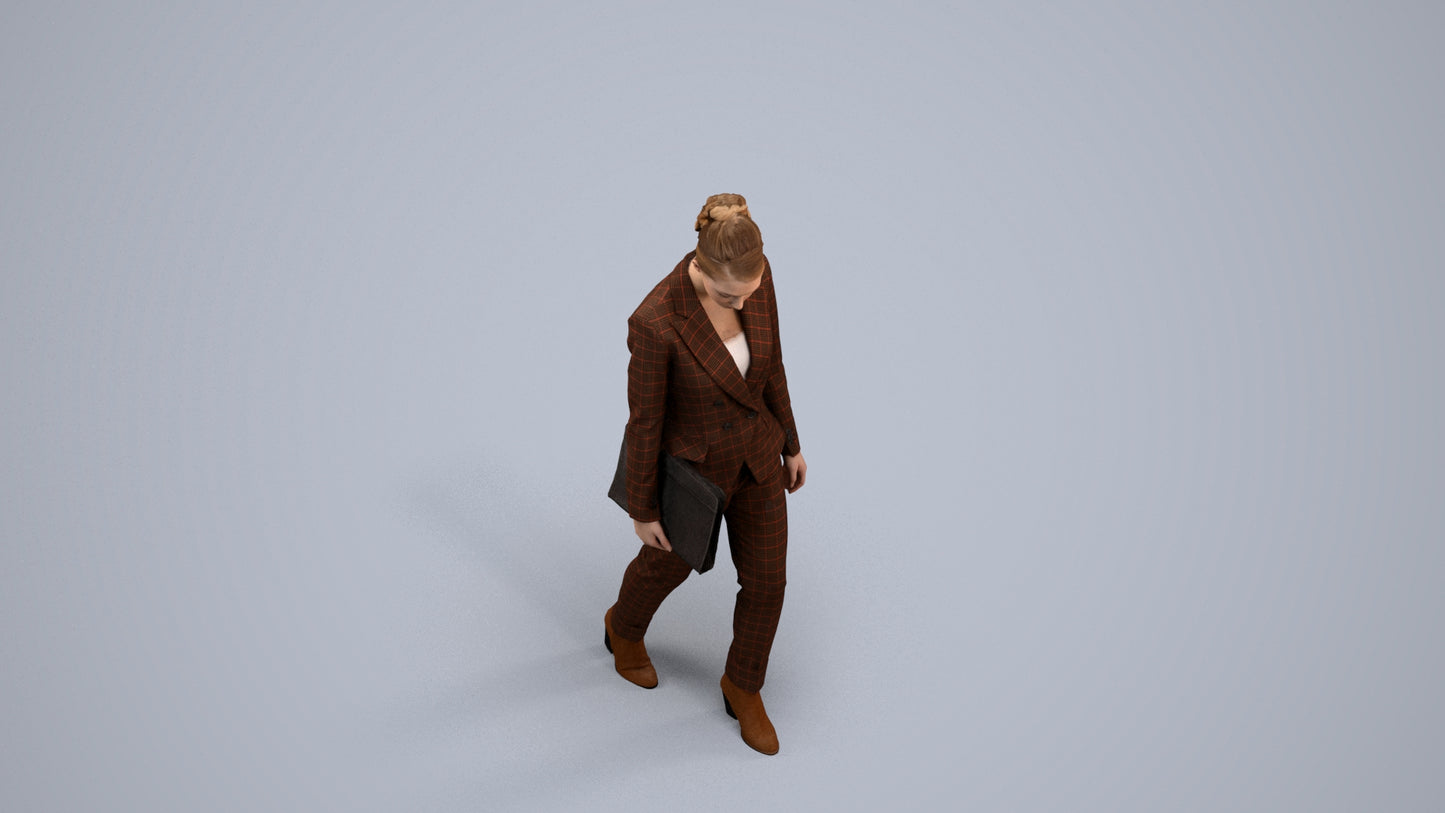realistic 3D woman business walking, scanned archviz people for Blender and 3ds Max, back view render
