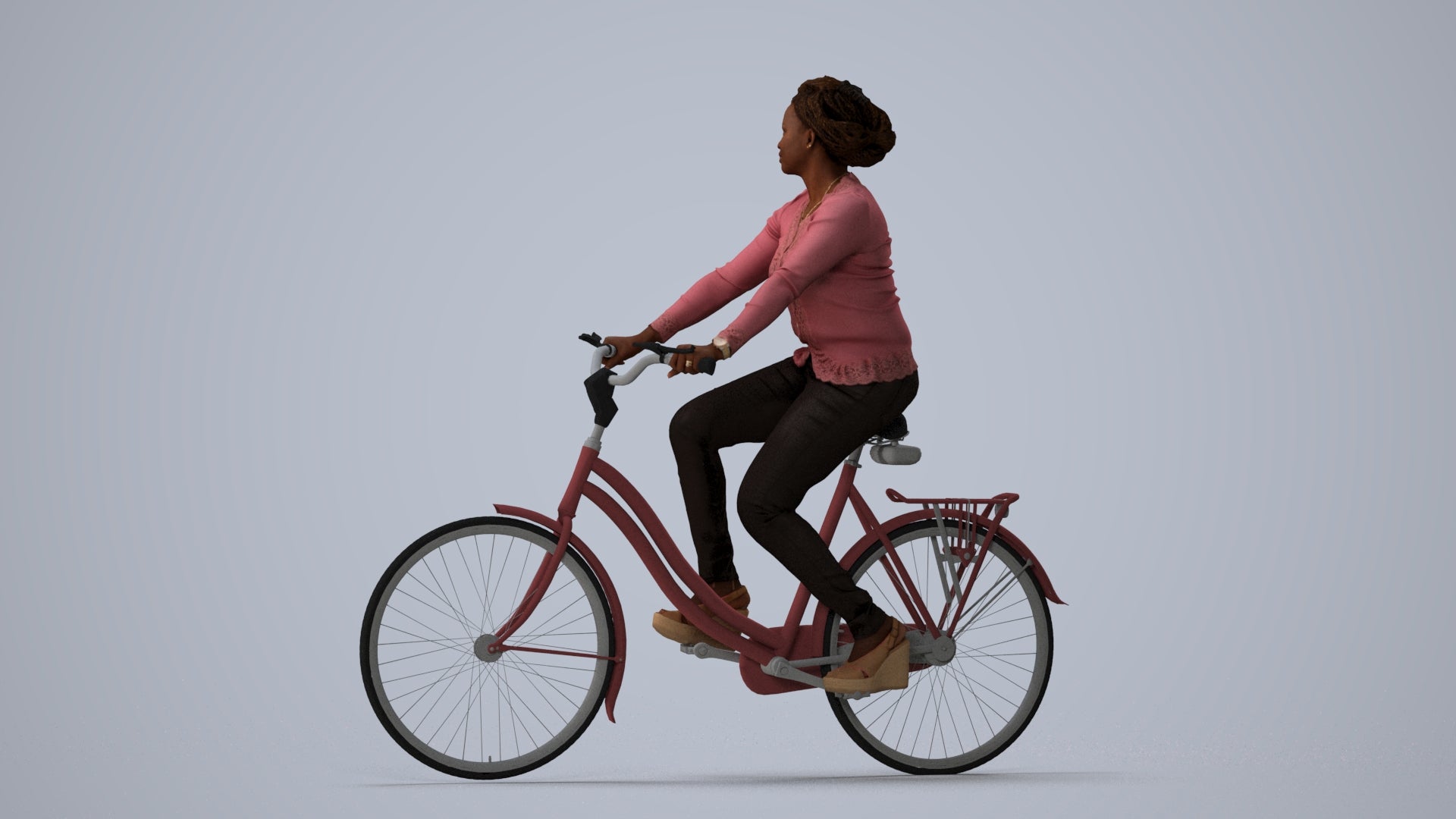 realistic 3D woman casual cycling, scanned archviz people for Blender and 3ds Max, three-quarter view render