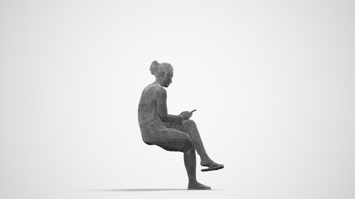realistic 3D people woman casual sitting, render-ready for V-Ray and Corona, FBX OBJ, wireframe side view