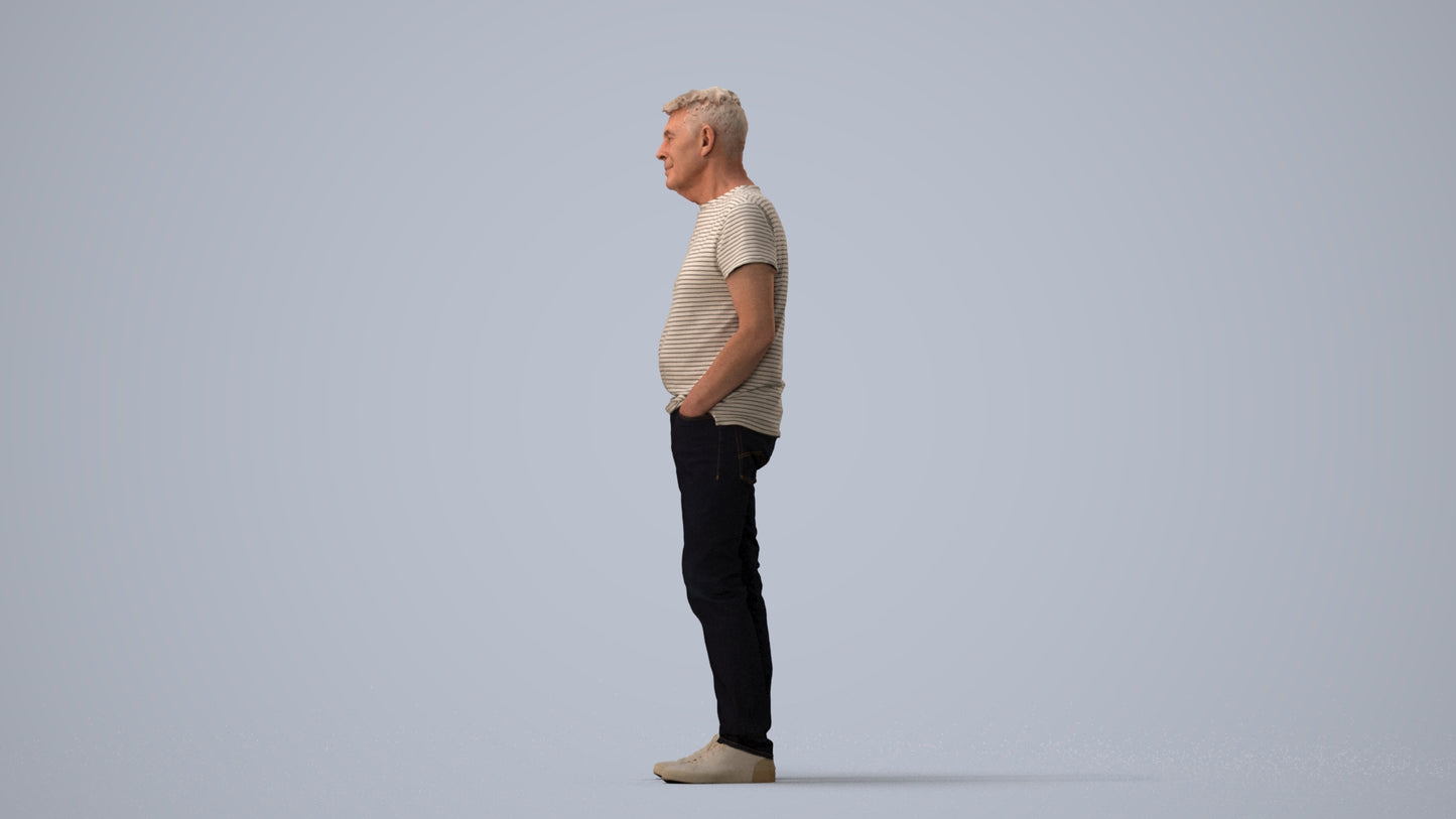 3D human model senior man casual standing, photogrammetry scanned person for archviz, three-quarter view render