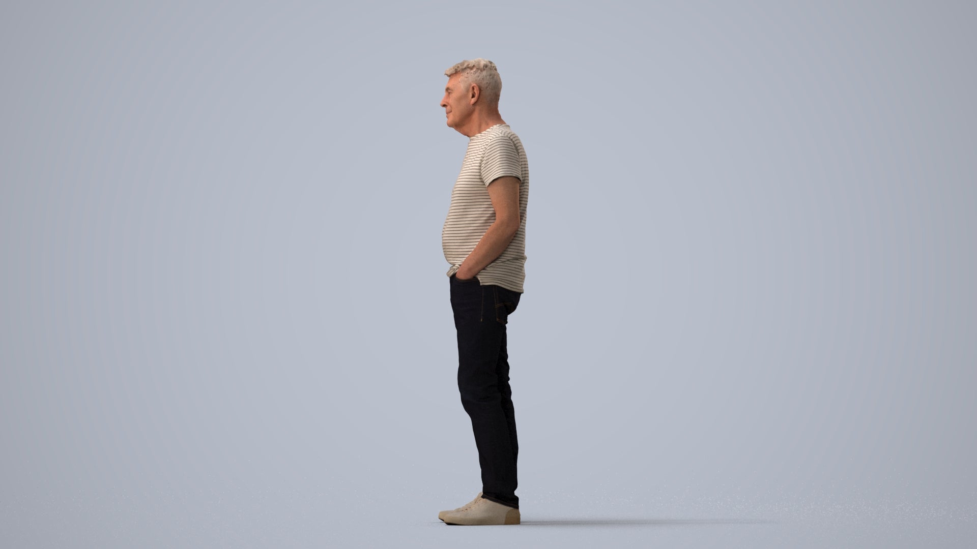 3D human model senior man casual standing, photogrammetry scanned person for archviz, three-quarter view render