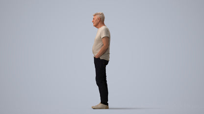 3D human model senior man casual standing, photogrammetry scanned person for archviz, three-quarter view render
