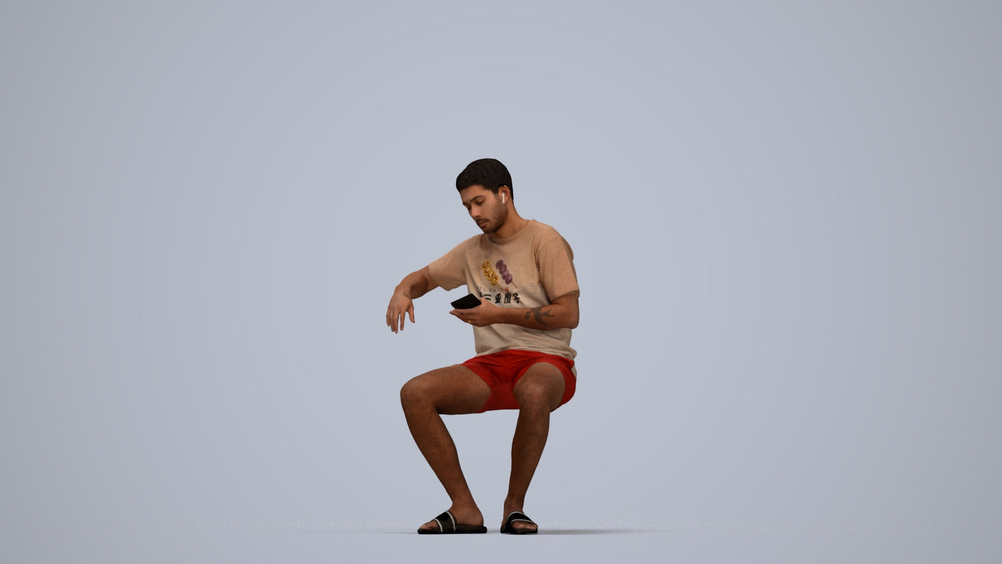 realistic 3D man casual sitting, scanned archviz people for Blender and 3ds Max, top-down view render