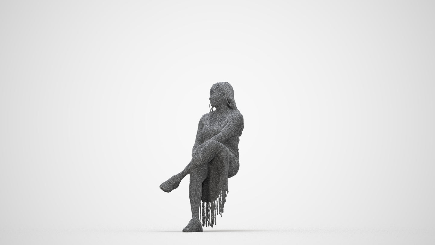 realistic 3D woman casual sitting, scanned archviz people for Blender and 3ds Max, wireframe back view