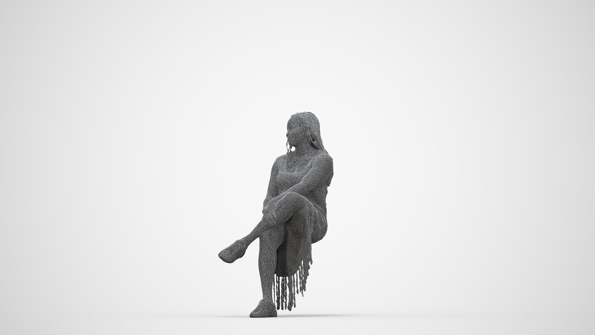 realistic 3D woman casual sitting, scanned archviz people for Blender and 3ds Max, wireframe back view