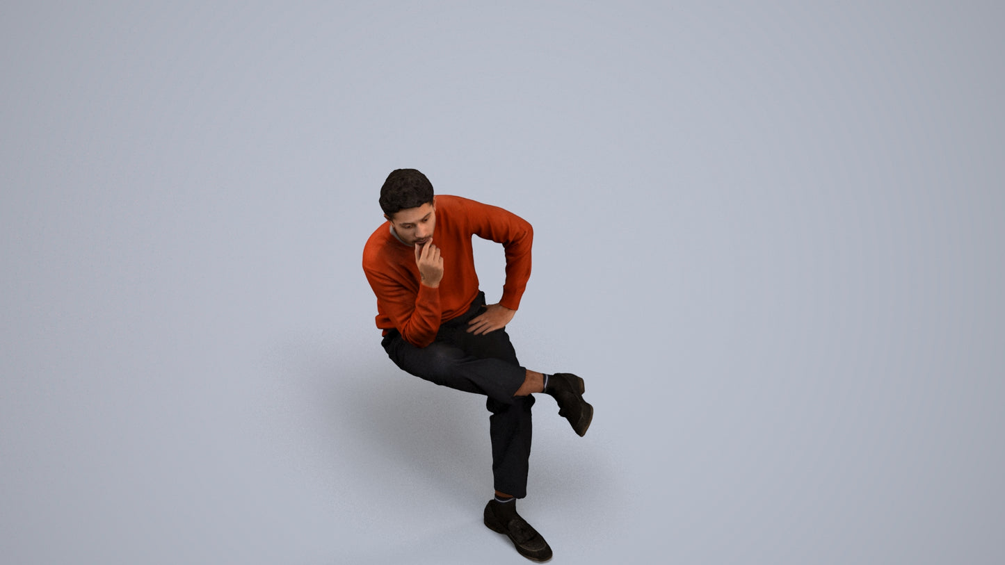 3D human model man casual sitting, photogrammetry scanned person for archviz, back view render
