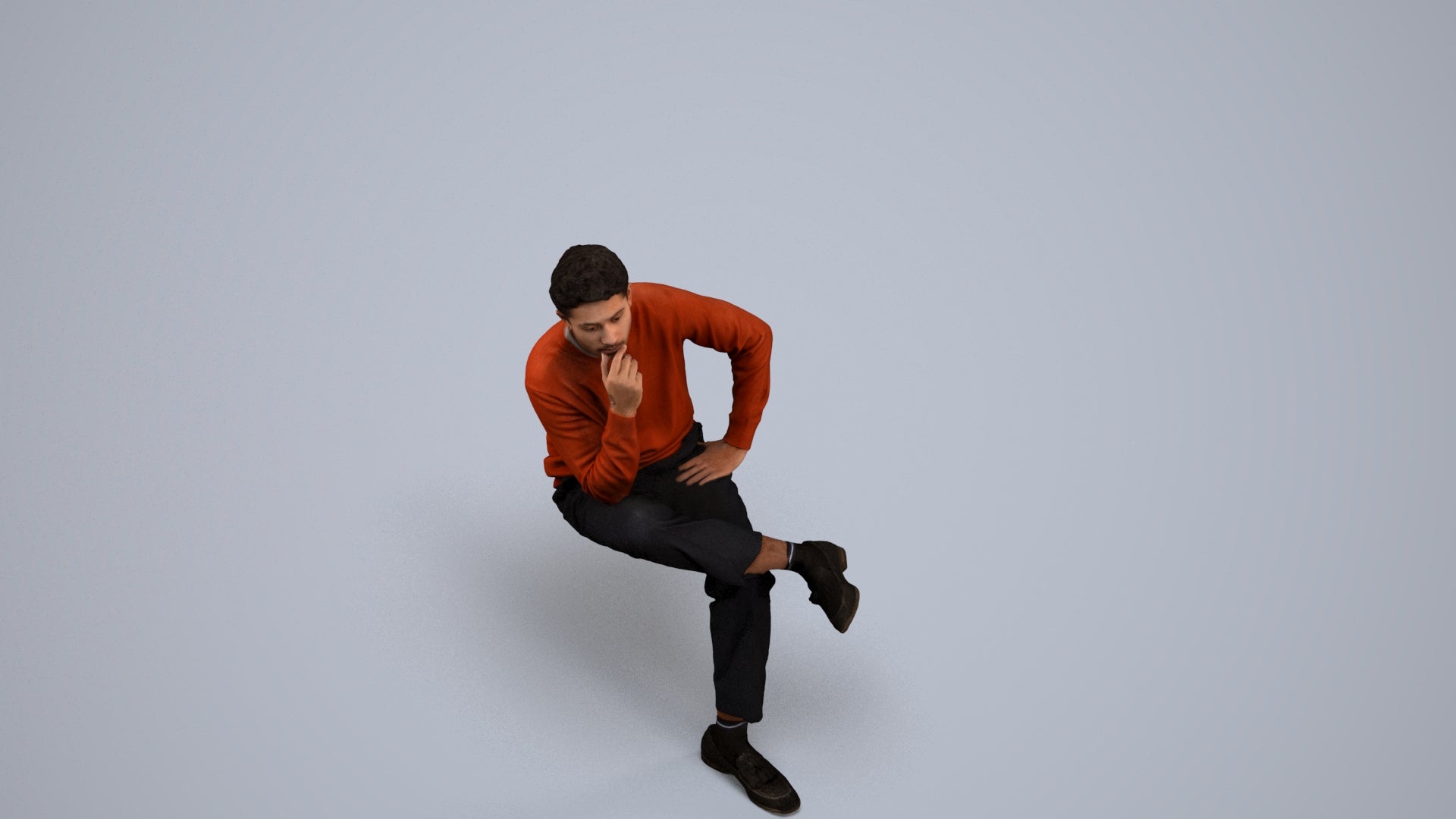 3D human model man casual sitting, photogrammetry scanned person for archviz, back view render