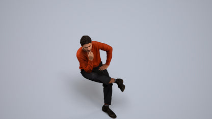3D human model man casual sitting, photogrammetry scanned person for archviz, back view render