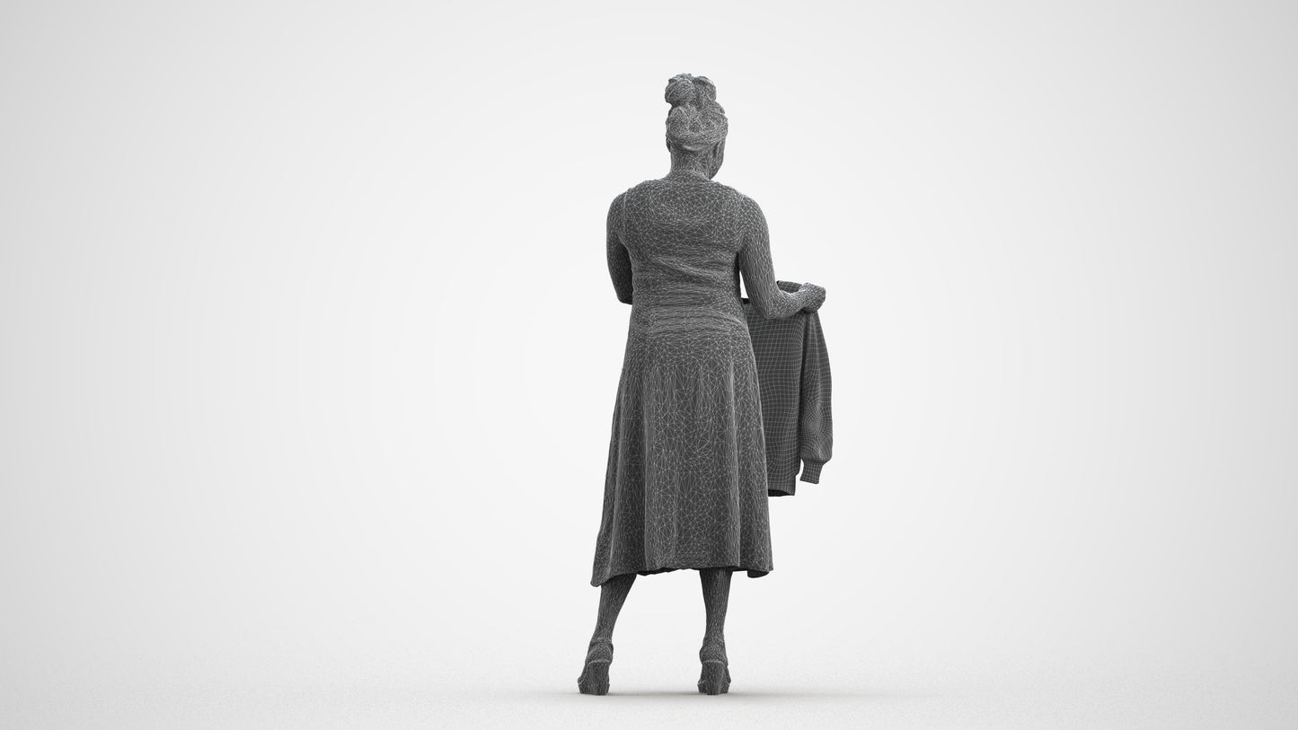 3D scanned woman standing casual, photorealistic archviz people for Enscape and SketchUp, wireframe front view