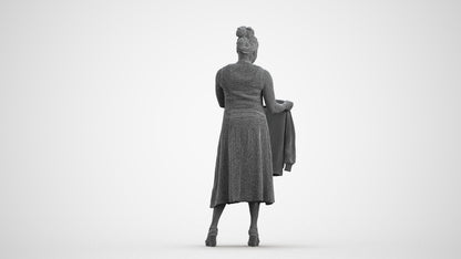 3D scanned woman standing casual, photorealistic archviz people for Enscape and SketchUp, wireframe front view