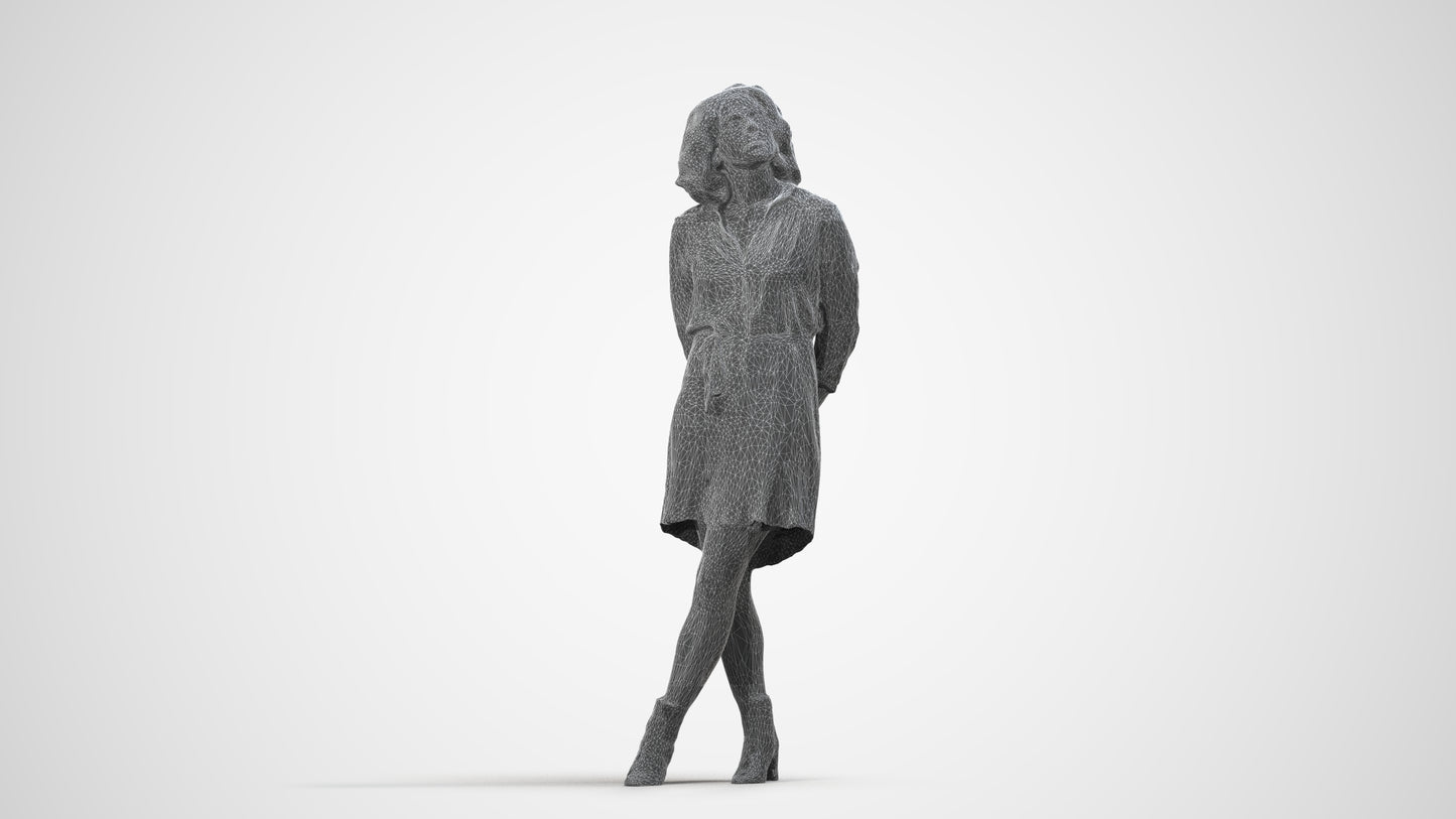 3D people model woman casual standing, scanned human for 3ds Max rendering, wireframe side view