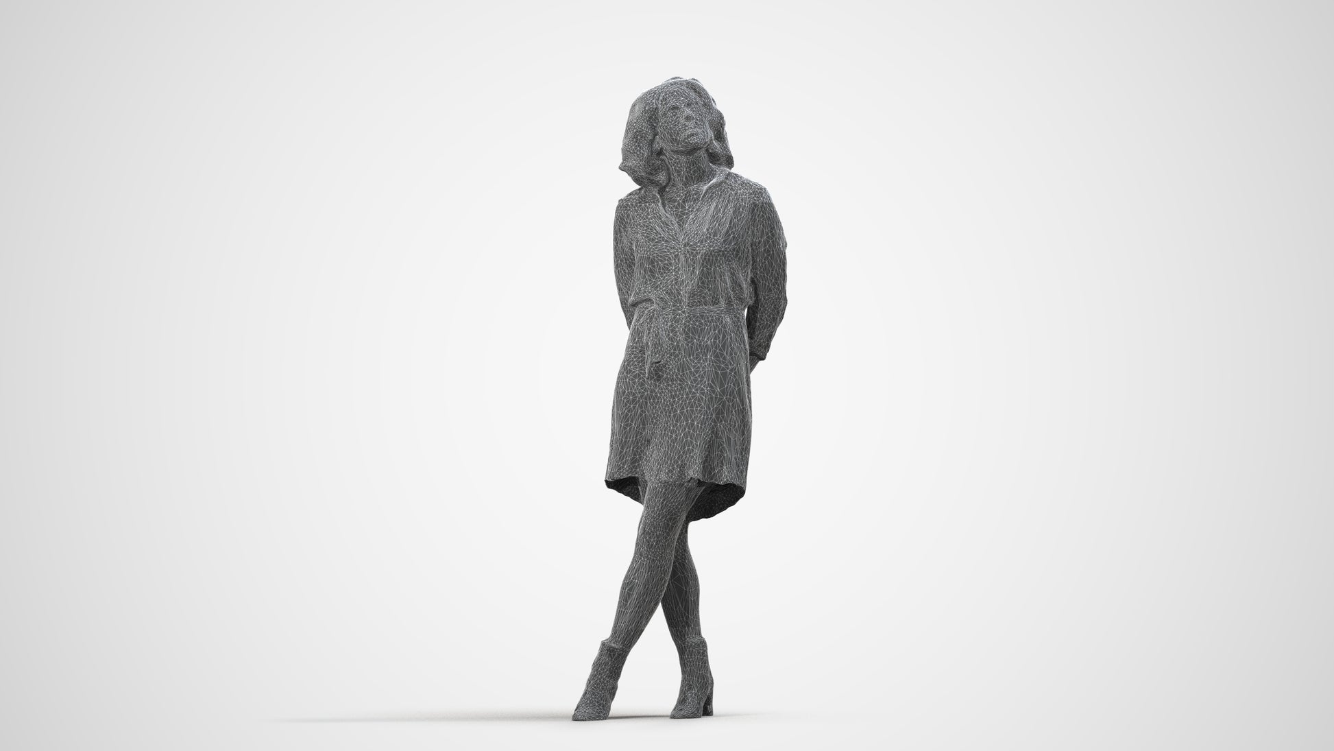 3D people model woman casual standing, scanned human for 3ds Max rendering, wireframe side view