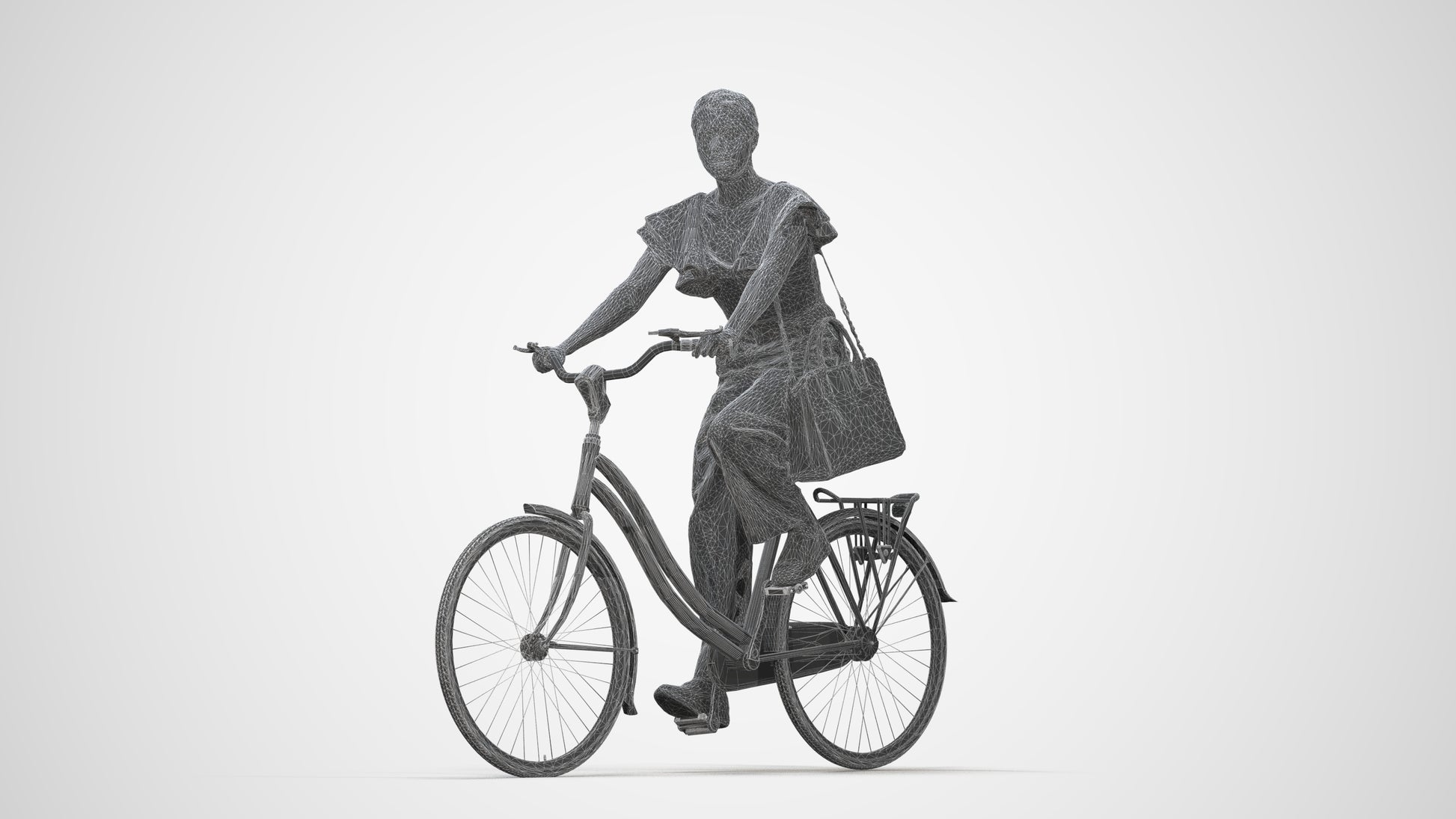 3D scanned woman cycling business, photorealistic archviz people for Enscape and SketchUp, wireframe back view