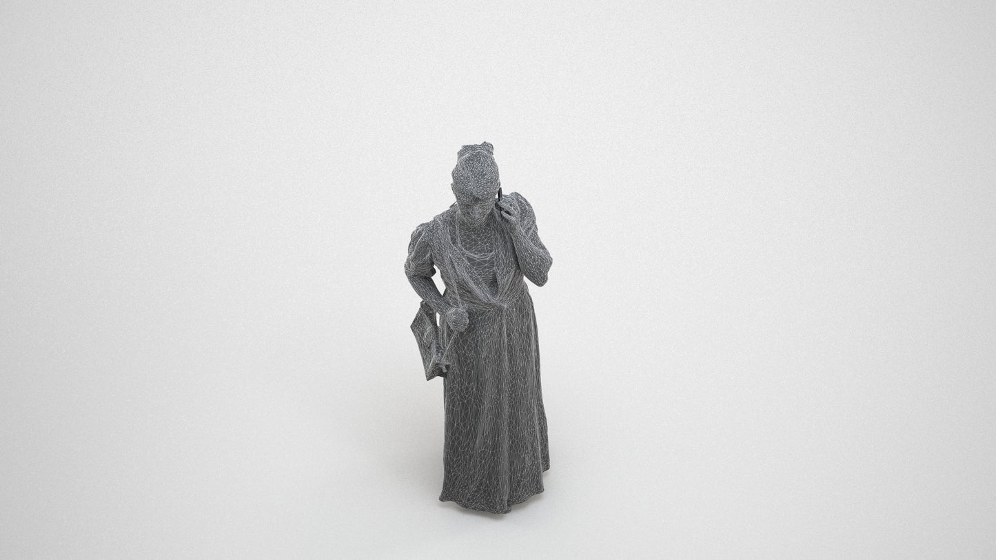 3D scanned woman standing casual, photorealistic archviz people for Enscape and SketchUp, wireframe three-quarter view