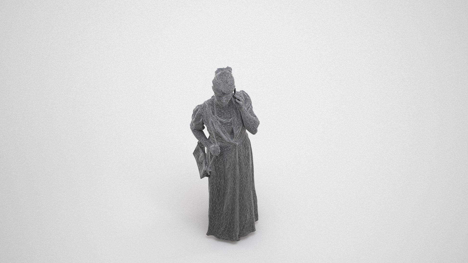 3D scanned woman standing casual, photorealistic archviz people for Enscape and SketchUp, wireframe three-quarter view