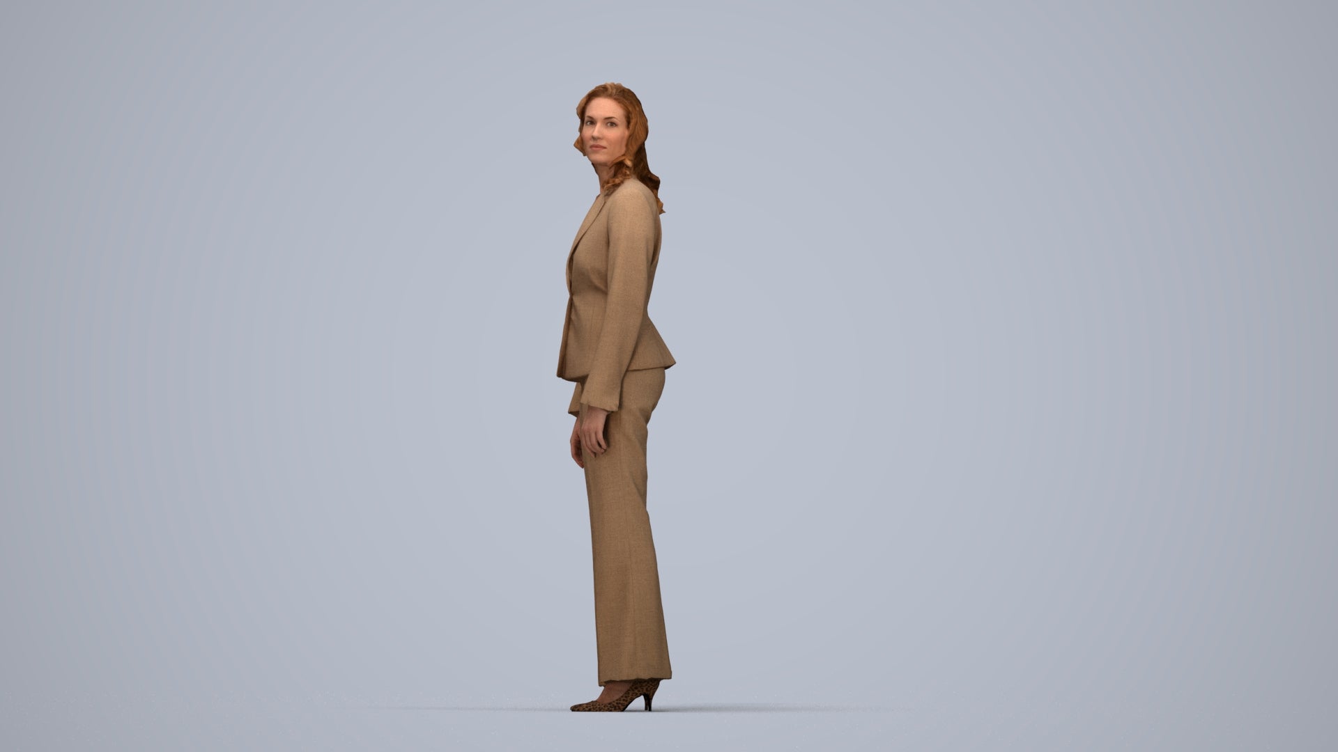 realistic 3D people woman business standing, render-ready for V-Ray and Corona, FBX OBJ, top-down view render