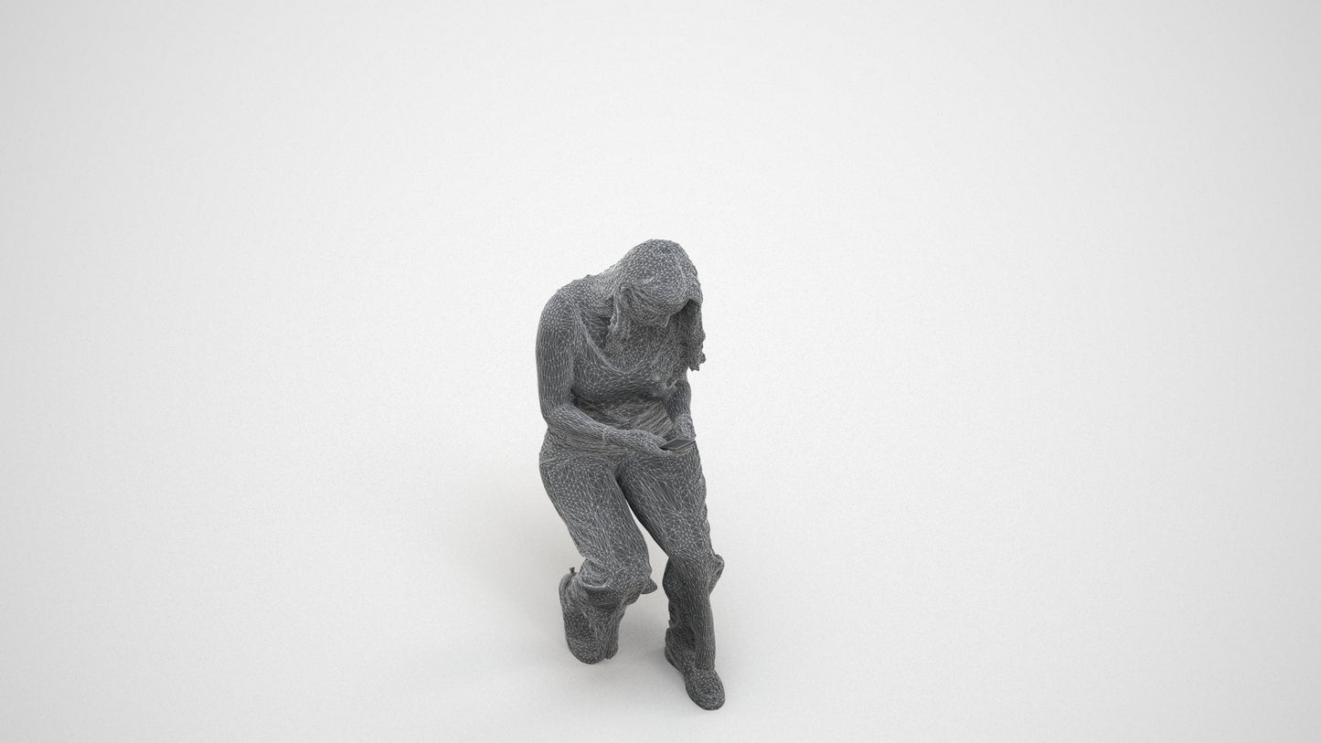 3D human model woman casual sitting, photogrammetry scanned person for archviz, wireframe three-quarter view