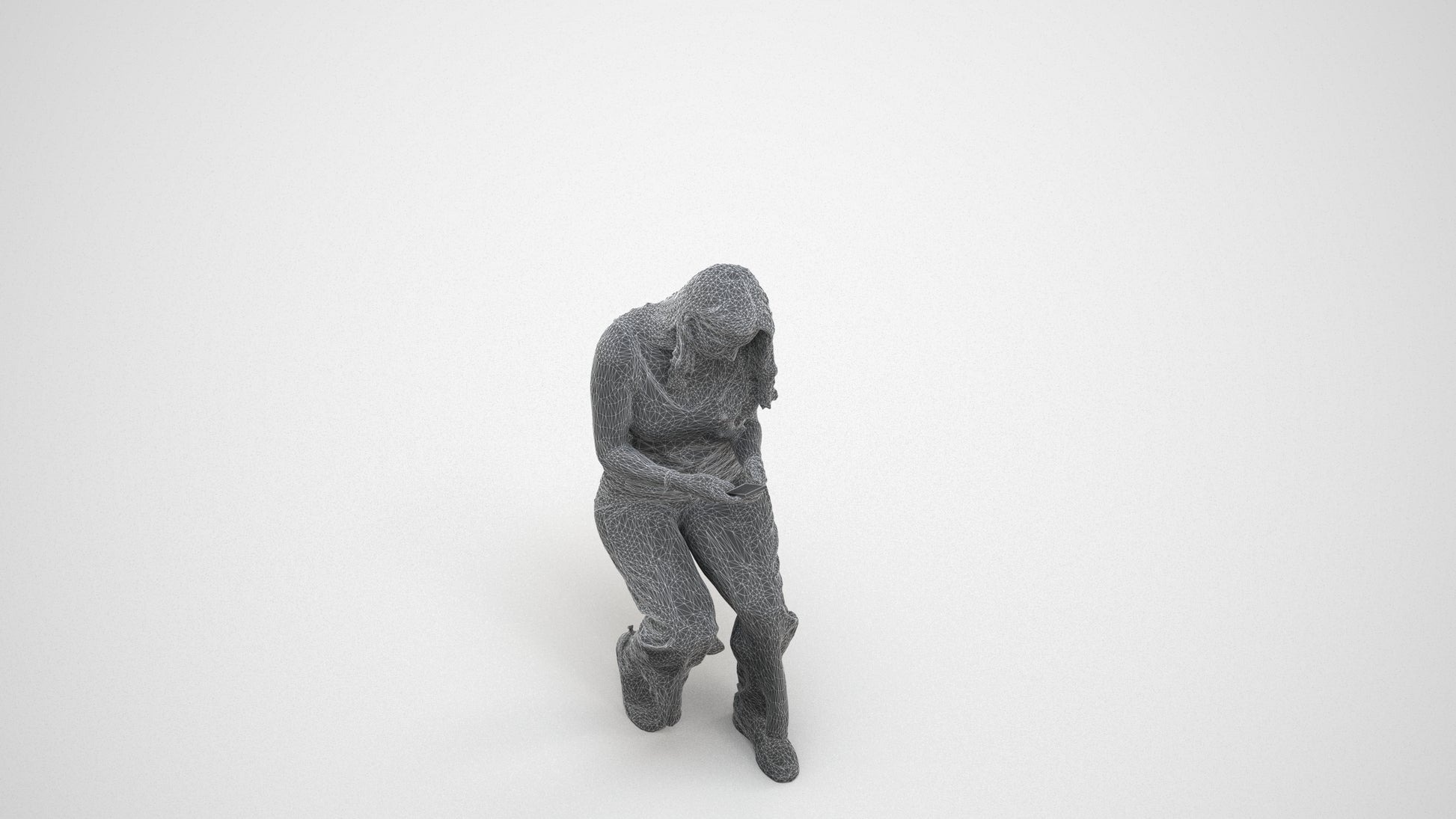 3D human model woman casual sitting, photogrammetry scanned person for archviz, wireframe three-quarter view