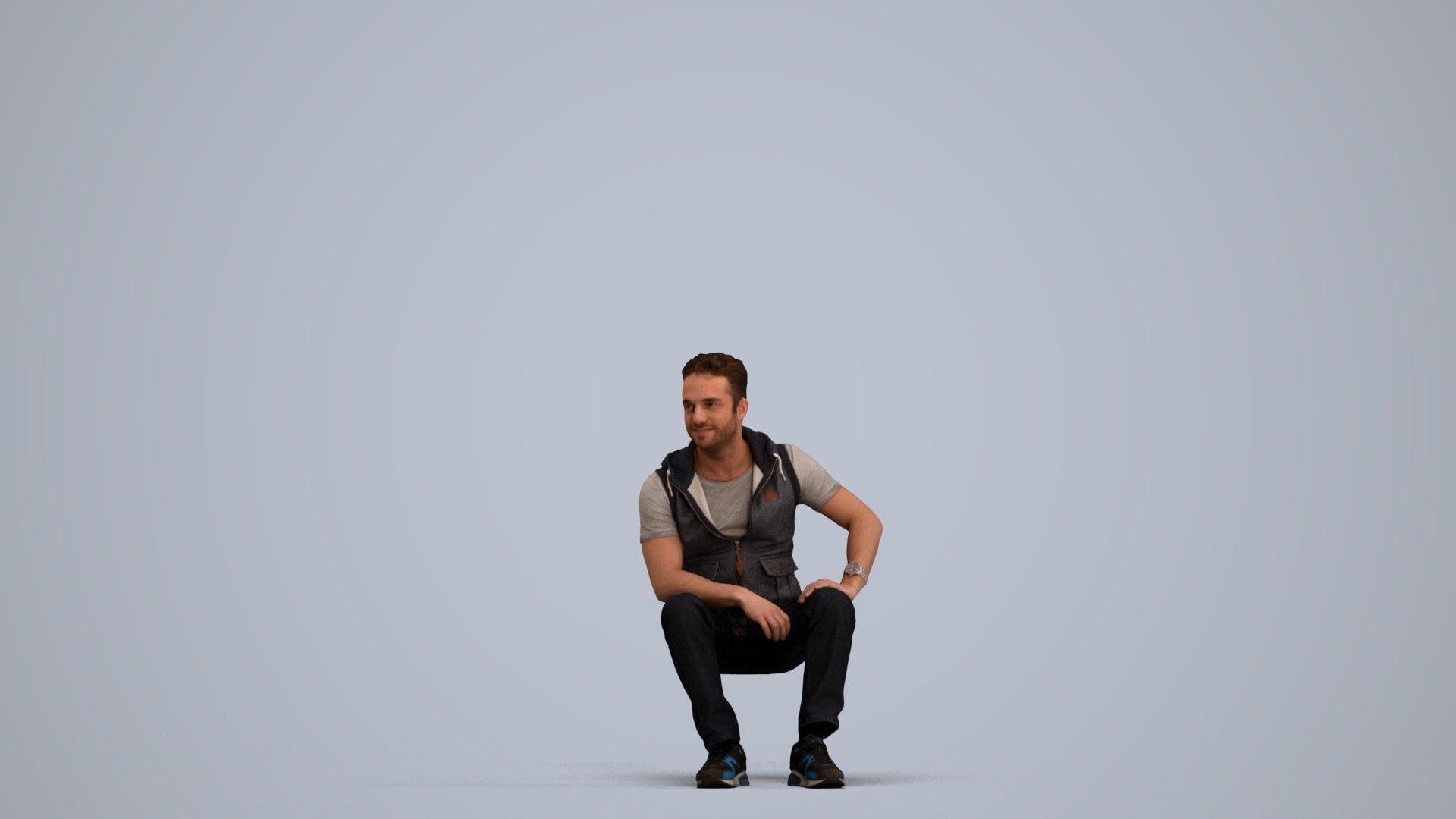 3D people model man casual sitting, scanned human for 3ds Max rendering, standing pose render